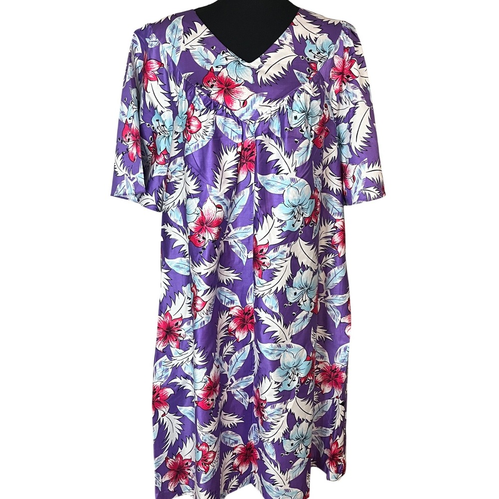 Vtg Carriage Court Muumuu‎ Hawaiian Floral House Dress Cotton kaftan 12-14